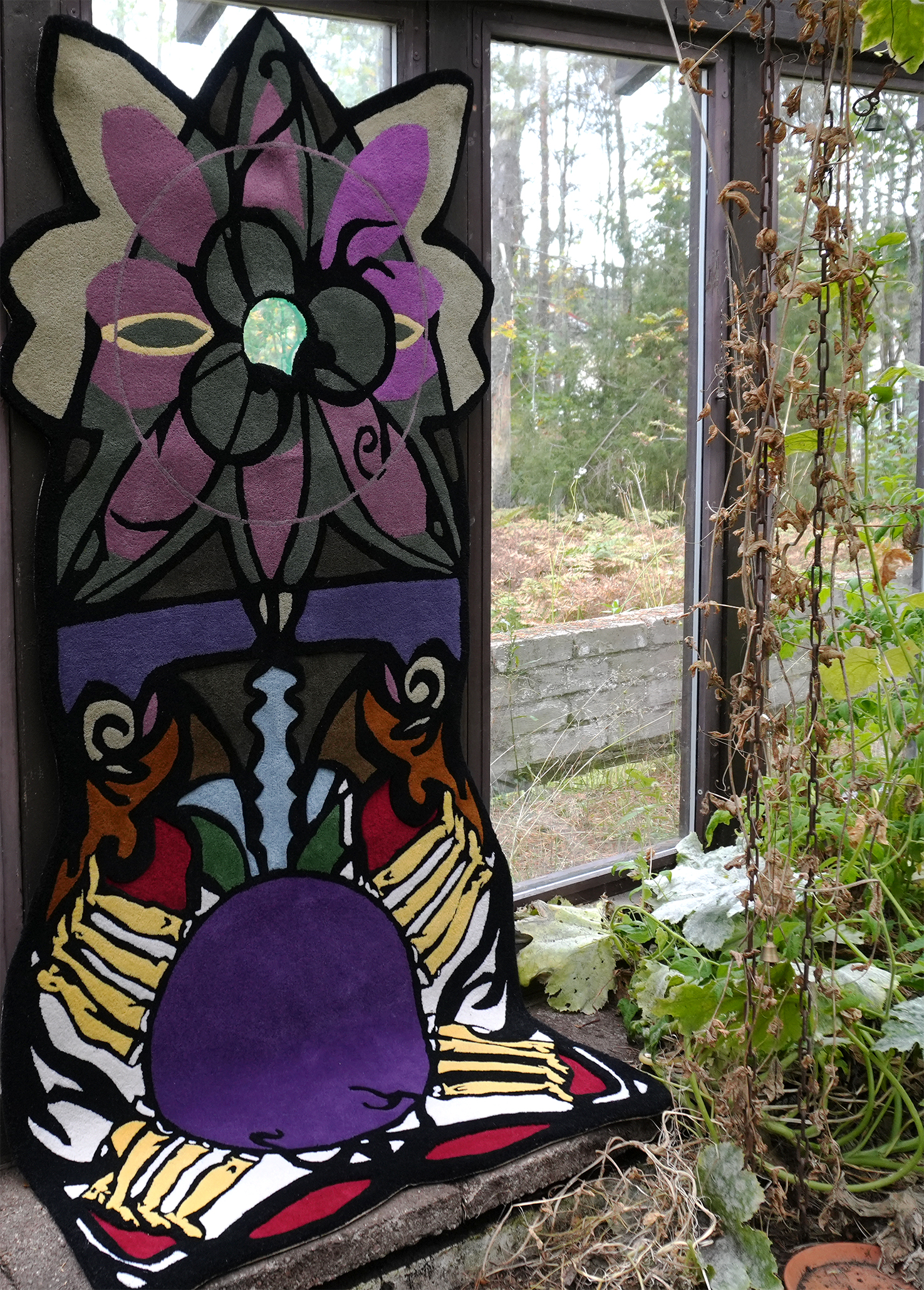 Image description: In Order to Become a Child Again 2025 / Hand-tufted wool textile, atelier glass. 2 meters x 1 meter.  The Day it Rains Jellyfish Part I: On what we know, At Light Harvesting Complex, curated by Text my Sister.