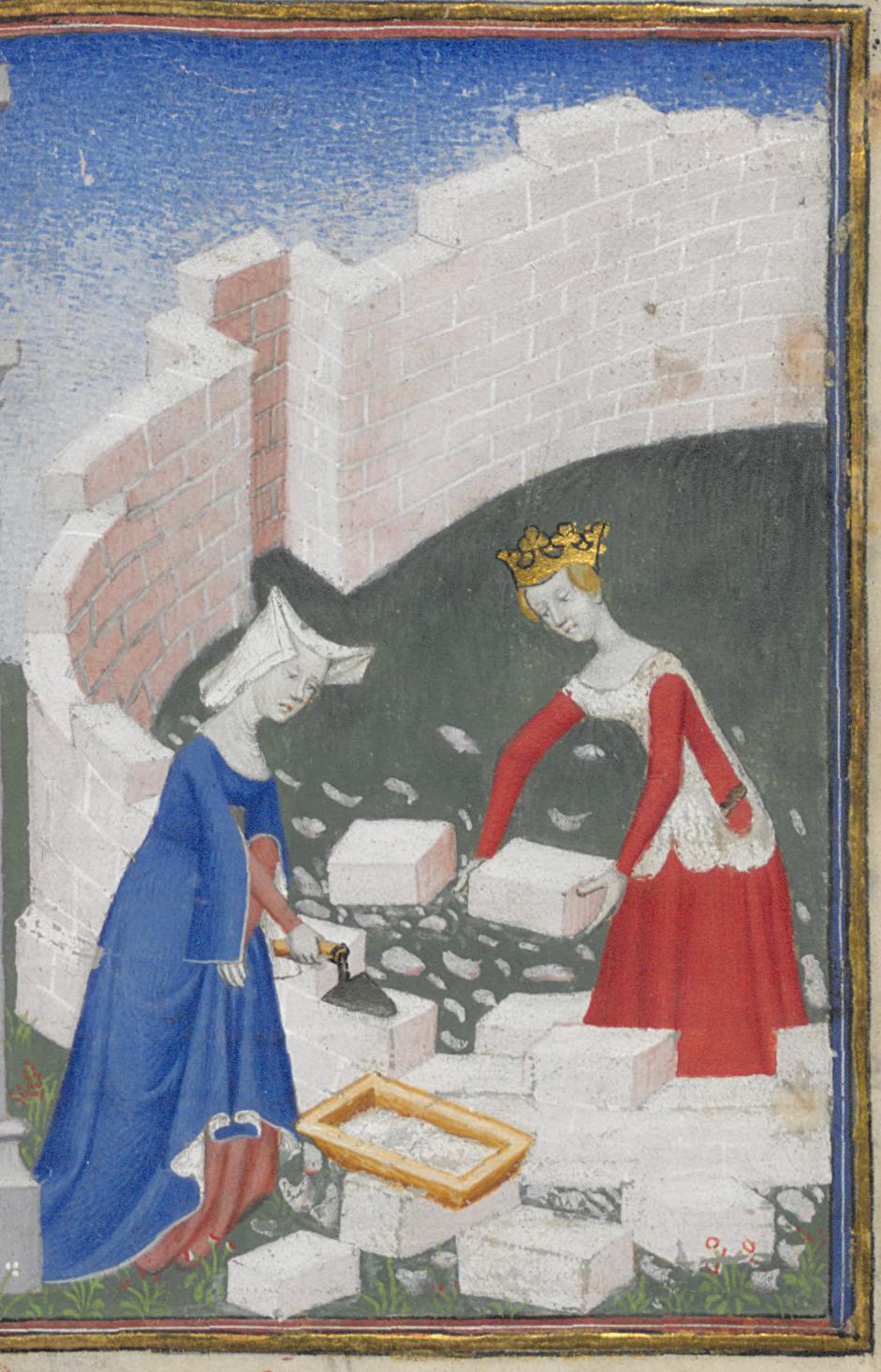 Part of a medieval illumination which shows two white women building a wall together. One in a blue dress and a wimple smooths the cement with a brick trowel, whilst the other, wearing a red dress and a crown, lifts a brick with both hands, about to place it on the wall. Their expressions are serious and focused on the work. The top of the wall is uneven, suggesting fortification and meanders in a broad C-shaped curve. The sky is bright, mid-blue, and the ground is grey-green. At the women's feet, there are flowers, a brick mould, and debris.