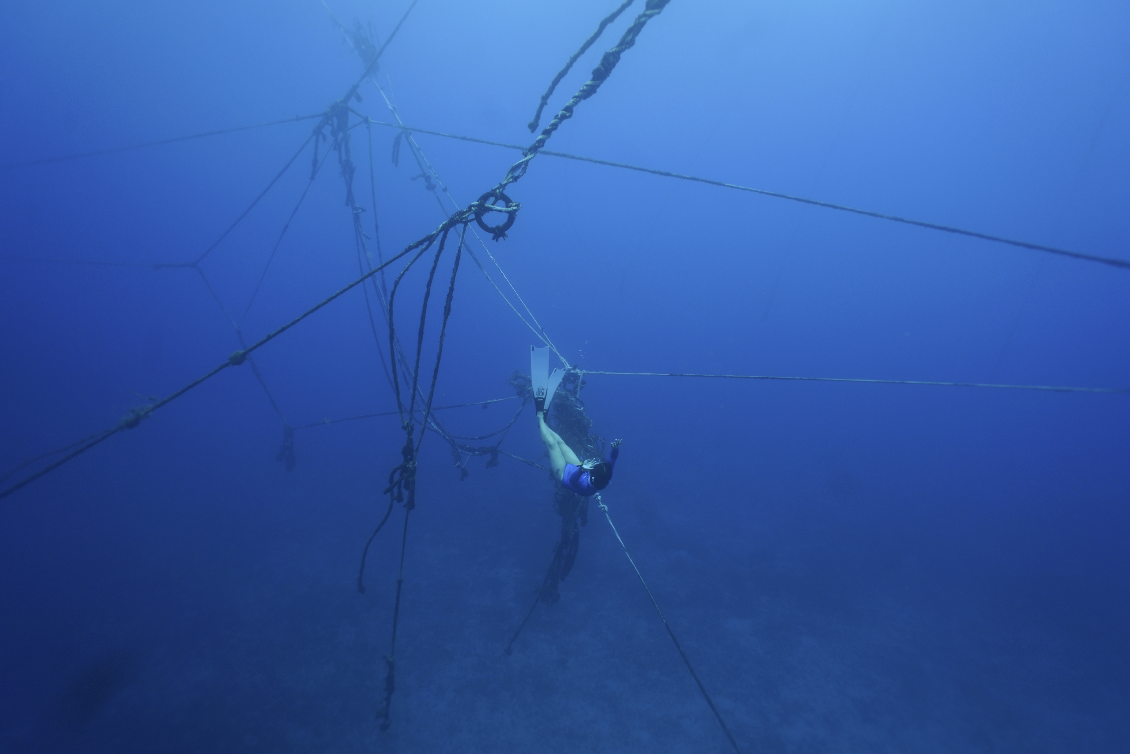 [Image description: (Film still from "The Water Carries me", W.I.P..) Ni, wearing a blue dive suit, diving inside the abandoned box net structure underwater. The image looks entirely in blue, with ropes and knots tangled across the entire frame].
