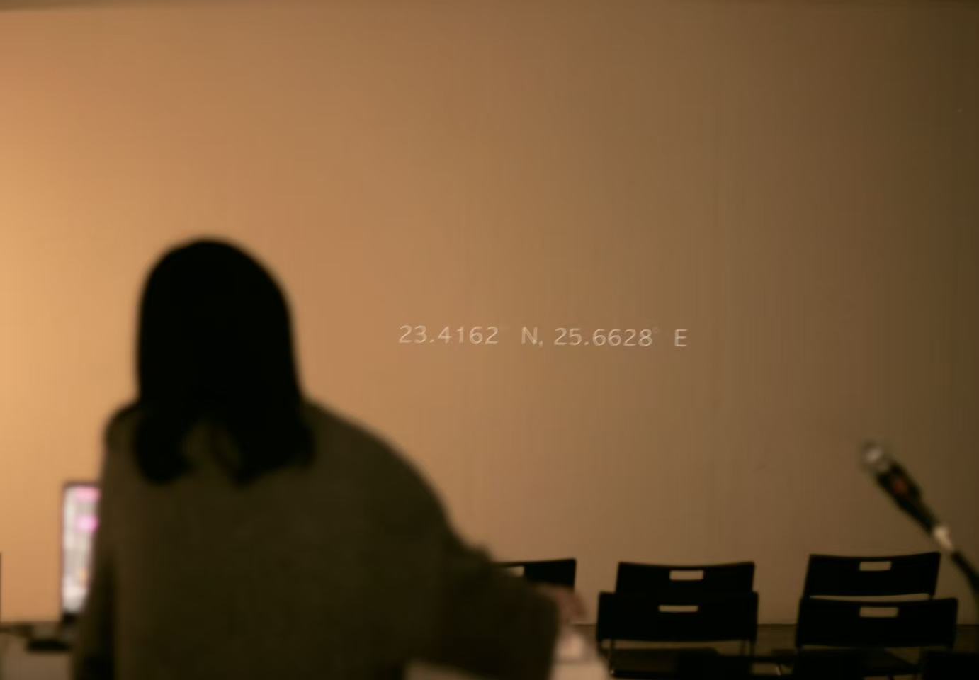 A live shot from the sound check of the sound-literature performance Desert Woman, at Yö Galleria. The projection displays the geographic location of the Sahara Desert. This project crafts text-sonified narratives into spatially immersive experiences through custom-designed soundscapes, emphasising the interplay between literary semantics, synesthetic composition within a hyper-narrative structure.