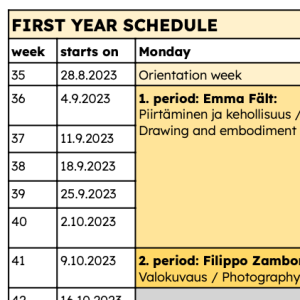 screenshot of a part of first years schedule