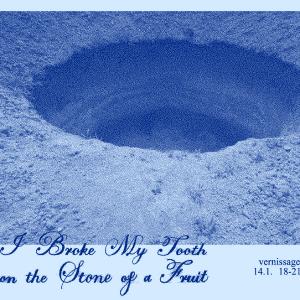 the grainy blue coloured image of a pit in the ground, text with the titles and dates of the exhibition 