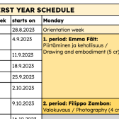 screenshot of a part of first years schedule